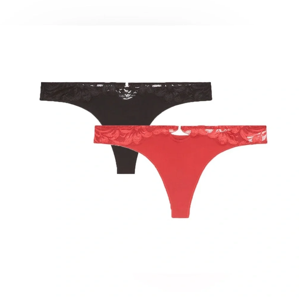 Adore‎ Me Layla Thong 2-Pack Red Black Lace Rhinestone Cutout Panties NWT 3X